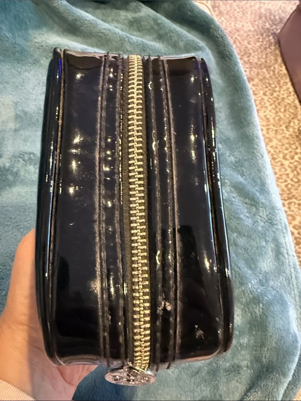 Tory Burch Black Patent Logo Zip Cosmetic Case